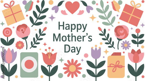 A vibrant Happy Mothers Day text surrounded by an array of colorful flowers and cheerful gift boxes