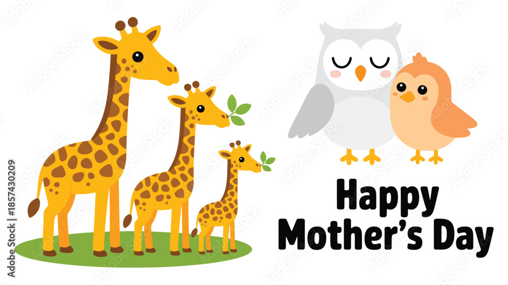 Obraz premium Adorable cartoon animal families including giraffes and birds celebrating Mothers Day