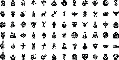 Collection of black silhouette representing various animals, and activities