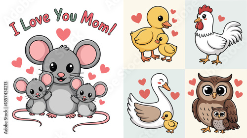 Adorable cartoon animal mothers with their babies showcasing parental love, accompanied by I Love You Mom text