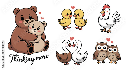 Adorable cartoon animal pairs celebrating love including bears, chicks, swans, and owls, plus a happy hen