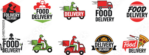 Collection of food delivery with delivery vehicles and people delivery truck delivery van