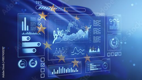 Bild auf Leinwand Digital financial dashboard with stock and forex charts over EU flag background, symbolizing European market and investment future concept