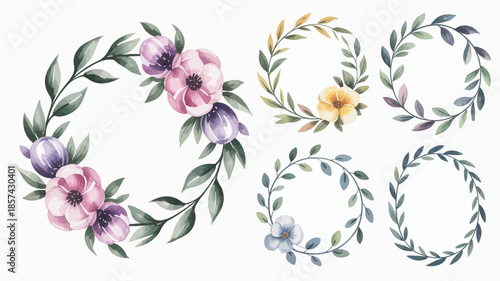 An assortment of charming watercolor floral wreaths adorned with various pastel flowers and green leaves