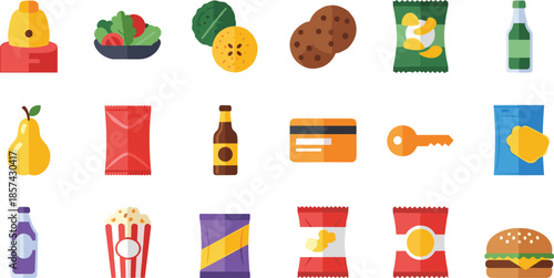 Colorful assortment of food and including snacks, drinks, and a key bottle