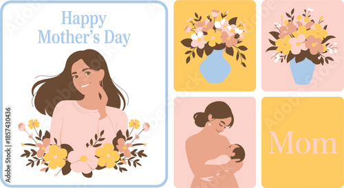 An elegant collection of stylized illustrations celebrating Mothers Day with a sophisticated and soft aesthetic