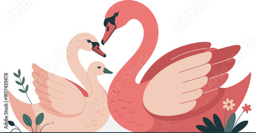 Affectionate illustration of a mother swan and her cygnet with green leaves and pink flowers