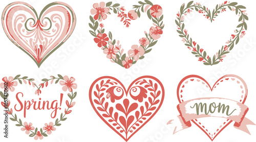 Assorted heart designs incorporate floral elements, with some proclaiming Spring and Mom in a lovely gentle palette