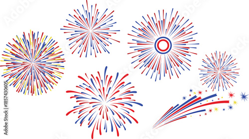 Colorful fireworks display with red blue and yellow bursts and rockets