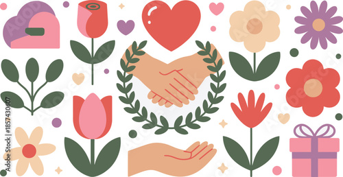 Assortment of colorful flat design elements depicting shaking hands, flowers, hearts, and gift box