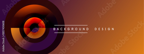 Abstract design features concentric circles, gradient colors. Orange, purple hues dominate composition. Text reads background design.