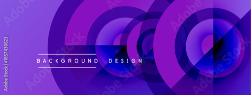 Purple abstract layers create dynamic visual effect. Modern design elements suggest technology, innovation, fluidity. Background features circular shapes.