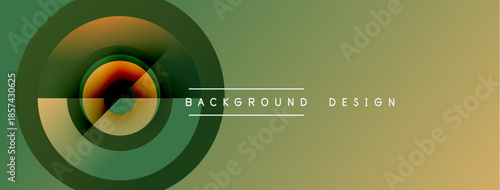 Abstract design features concentric circles, gradient colors. Green, orange hues dominate composition. Minimalist text present.