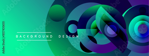 Abstract vibrant design features overlapping circles, gradients. Turquoise transitions into purple, creating dynamic visual effect. Text reads background design.