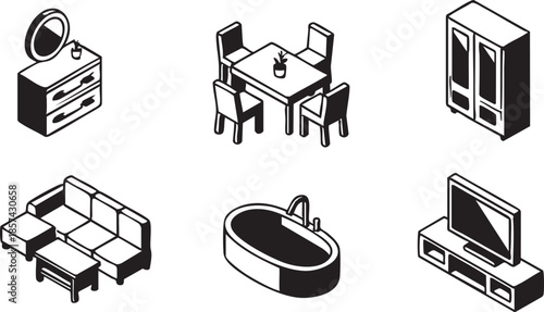 Furniture vector icons: living room, dining room, bedroom, and bathroom furniture set eps silhouette