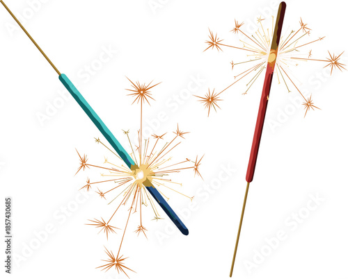 Colorful sparklers with golden sparks on white background turquoise