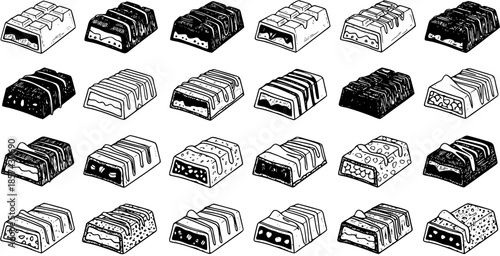 Hand Drawn Black and White Line Art Set of Chocolate Bars, Candies, and Sweet Snacks. Sketch Doodle Collection for Food, Confectionery, and Dessert Industry Designs.