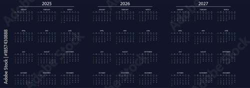 vector uk calendar 2025, 2026, 2027 set, on transparent background.  Simple layouts. Desk planner template with 12 month. Week starts Sunday. pictogram calendars. Yearly diary organizer Pocket or wall
