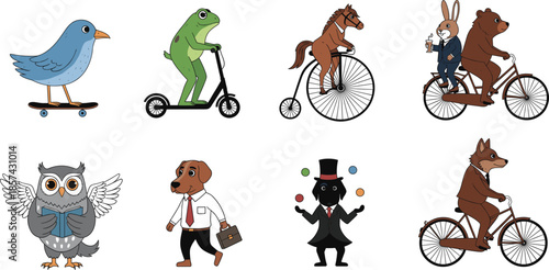 Cute anthropomorphic animals set featuring bird on skateboard frog on scooter horse on penny farthing and bear riding bicycle with rabbit character.
