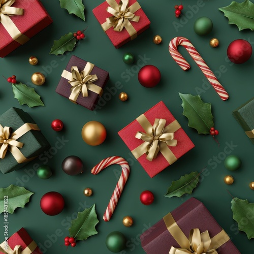 A green background with many different colored christmas present