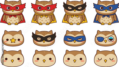 Cute superhero owl character set featuring masked birds with capes eye patches and various facial expressions for children nursery stickers and decals.