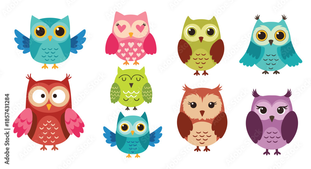 Fototapeta premium Cute cartoon owl character set featuring colorful birds with various expressions heart eyes flying poses and friendly faces for nursery stickers and decor.
