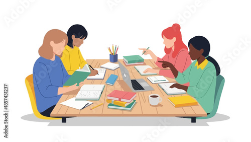 Diverse group of women collaborating and studying together around a table, illustrating modern teamwork and learning in a productive shared environment