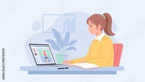 Young woman attending online class or meeting via video call on her laptop at home