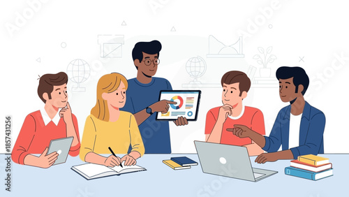 Collaborative diverse team brainstorming ideas and analyzing data with technology in a productive business or educational meeting