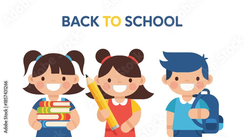 Happy cartoon children holding school supplies ready for back to school season illustration