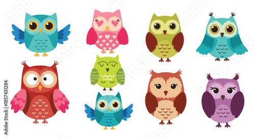 Cute cartoon owl character set featuring colorful birds with various expressions heart eyes flying poses and friendly faces for nursery stickers and decor.