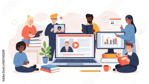 Diverse group of people engaged in online learning and remote education with digital devices and books