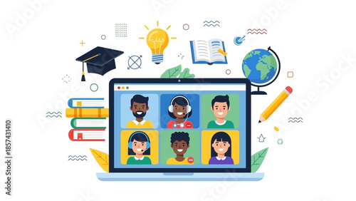 Online learning illustration showing a virtual classroom with diverse students connecting through a video conference on a laptop, symbolizing remote education and global connectivity
