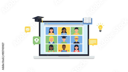 Online learning and virtual education concept, laptop displaying multiple video conference participants and graduation cap