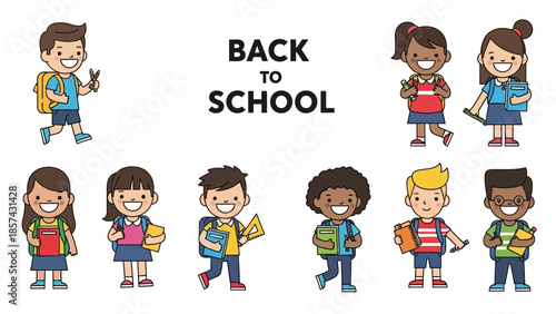 Happy cartoon children going back to school with backpacks and books, celebrating education and learning