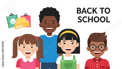 Diverse Group of Cheerful Children Ready for School, Illustrating a Welcoming Educational Environment