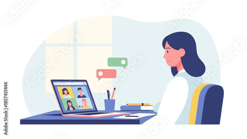 Illustration of a woman participating in a video conference call with colleagues on her laptop, discussing work remotely