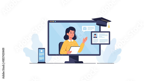 Dynamic virtual classroom experience with a female teacher providing interactive online education, accessible across multiple digital devices for modern e-learning and remote teaching