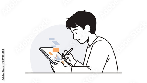 Focused individual engaged in digital design, utilizing a tablet and stylus for creative innovation and interactive productivity