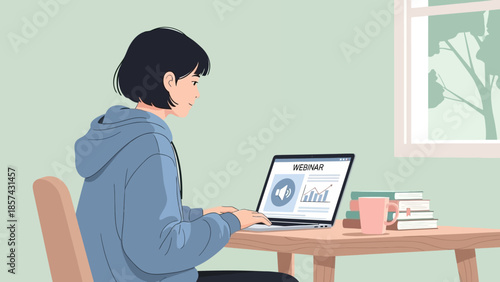 Young person attending online webinar on laptop, learning and working remotely from home with digital chart on screen