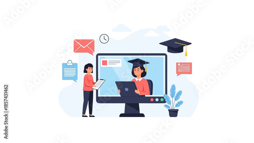 Online Education and E-learning concept illustration with graduation cap and computer screen