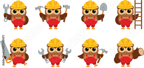 Cartoon owl construction worker set featuring cute bird characters wearing hard hats and red overalls holding hammers saws wrenches and building tools.