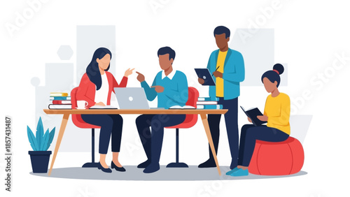 Diverse business team collaborating on a project, engaging in a productive office meeting, and brainstorming innovative ideas together in a modern workspace environment