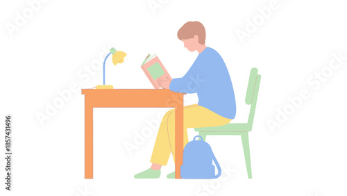 A young student diligently studying at a desk with a lamp illuminating their book and a backpack nearby, representing education and focused learning