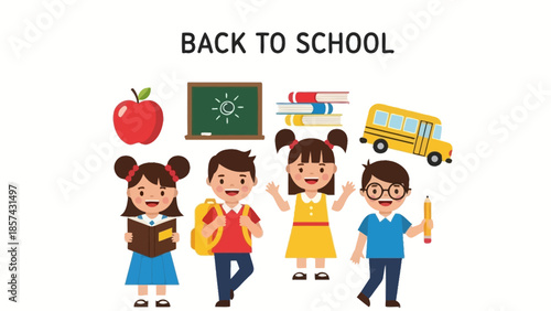 Joyful students embrace the start of a new academic year, surrounded by essential school supplies and symbols of learning in a vibrant educational setting