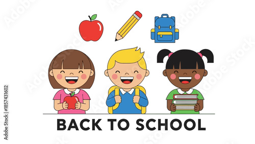 Adorable Cartoon Children Enthusiastically Returning to School, Ready for Learning Adventures