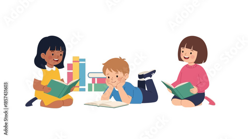 Children happily reading books together, fostering imagination and knowledge acquisition