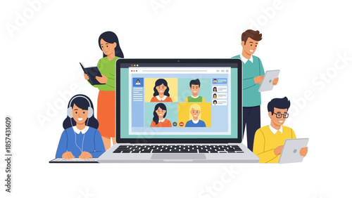Diverse group of people communicating and collaborating online through video conferencing on a laptop screen