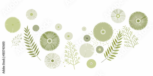 Stylized botanical illustration with green foliage and circular floral elements