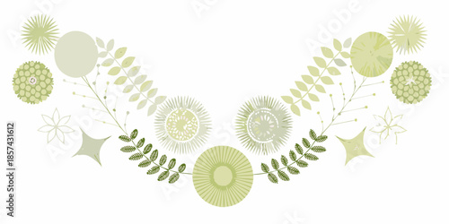 A delicate botanical arrangement featuring green floral and leaf illustrations